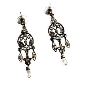 Pierced earrings drop & dangle dramatic silver & clear rhinestones whimsy goth
